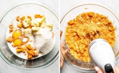 A collage of images showing the making of the sweet potato filling.
