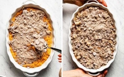 A collage of photos showing the assembling of the sweet potato souffle recipe.