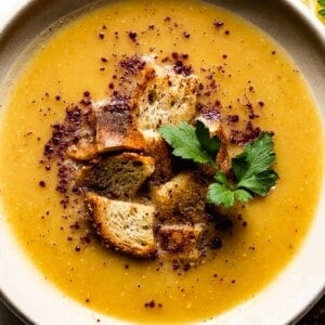 Turkish red lentil soup in a bowl from close up