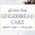 A Gluten Free Gingerbread Cake is photographed from the front view in front of a Christmas Tree.