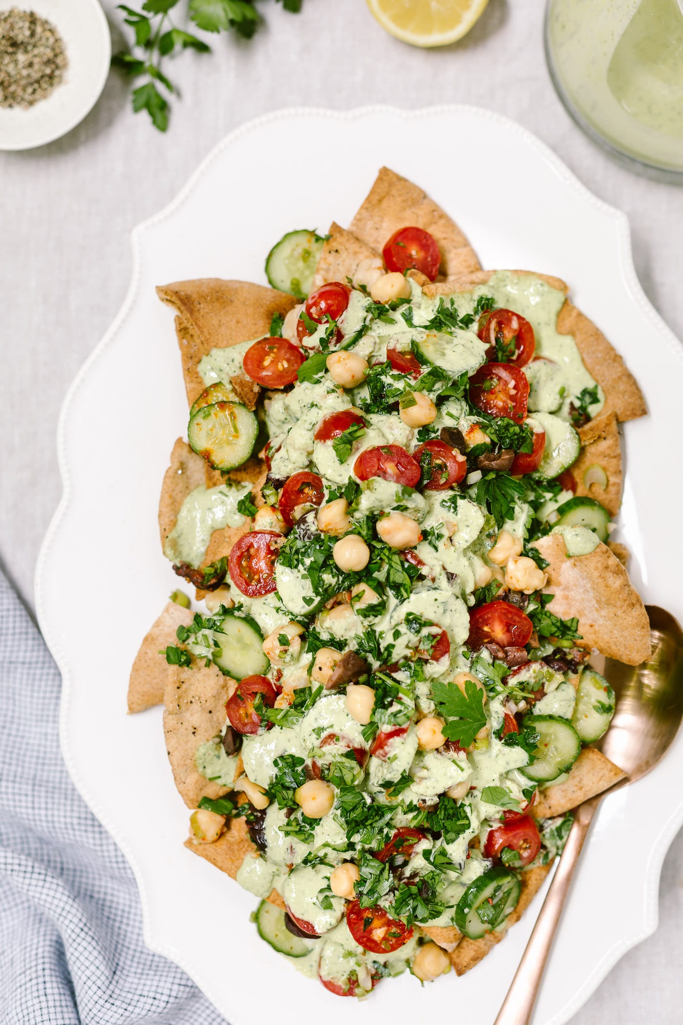 Vegan Greek Nachos photographed from the top view.