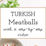 Two photos of a bowl filled with Turkish Meatballs and yogurt tahini sauce placed on a marble surface and photographed from the top view.