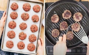 A collage of images showing Turkish kofte raw and then cooked.