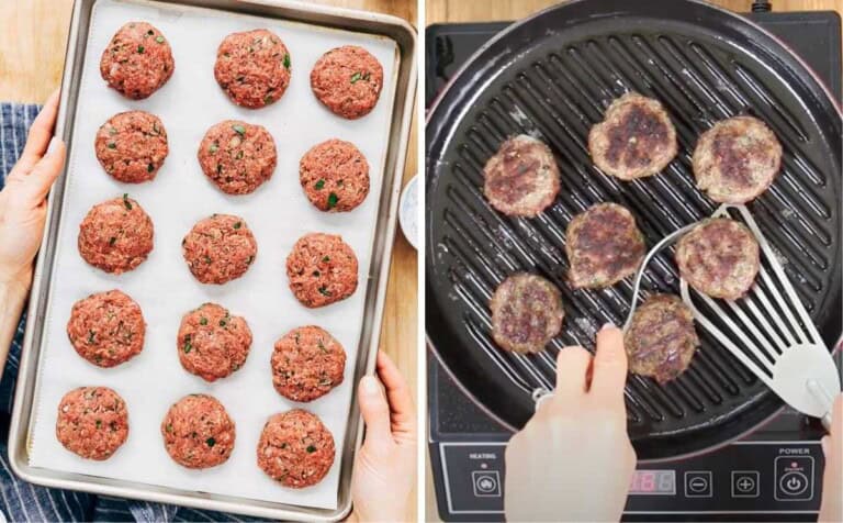 A collage of images showing Turkish kofte raw and then cooked.
