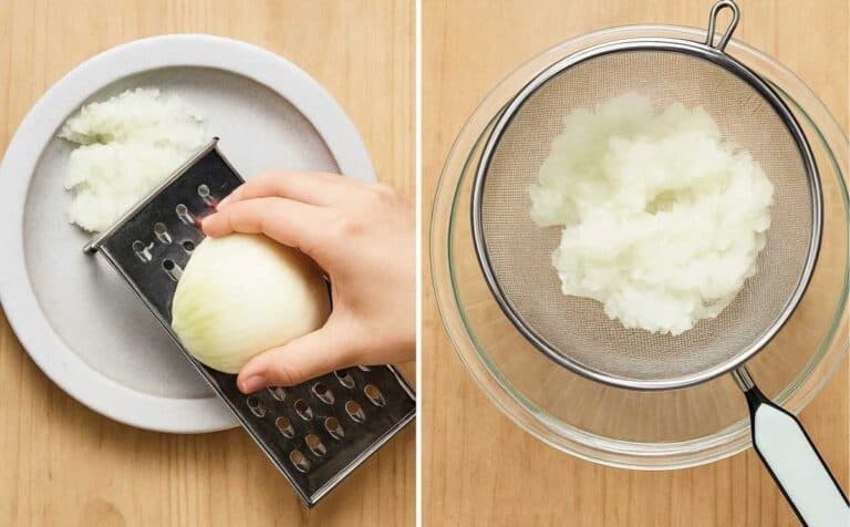 Person grating onion and straining the juice.