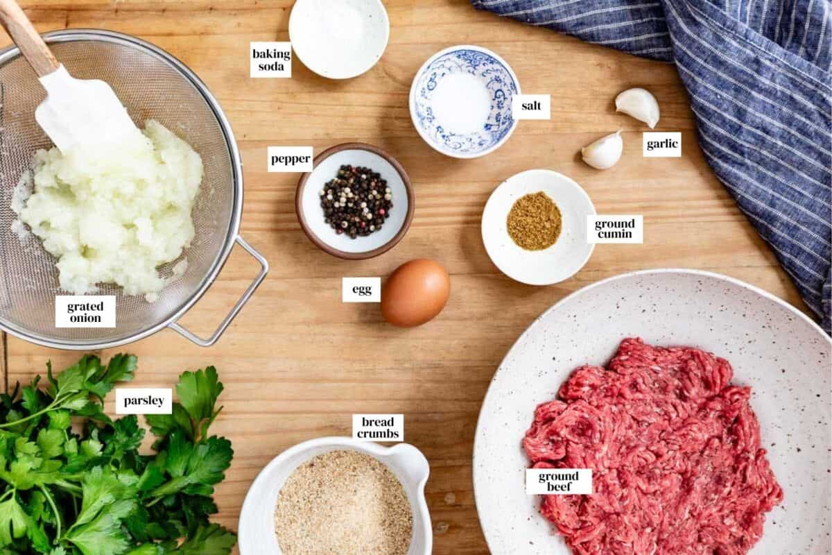 Ingredients for the Turkish kofte recipe from the top view.