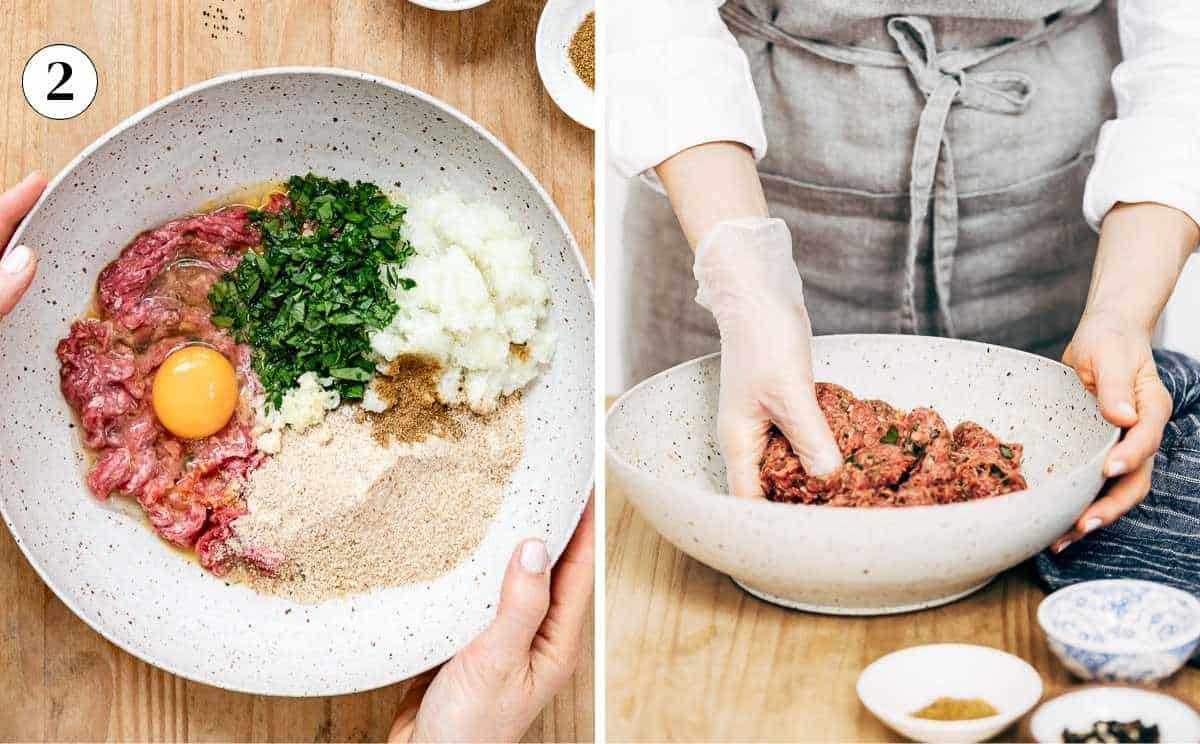 Person mixing Turkish meatball mixture.
