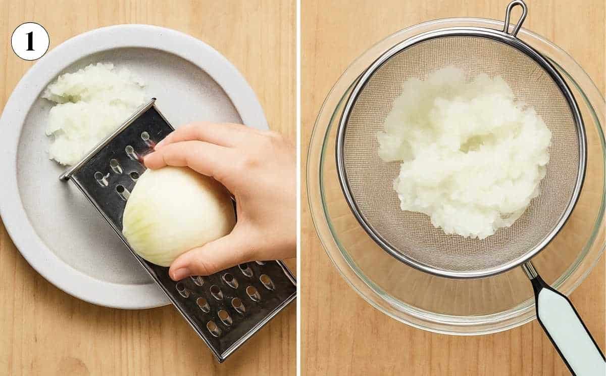 A collage of images showing onion grated and then strained.