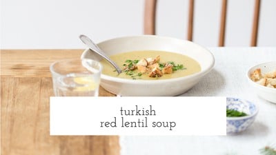 Turkish lentil soup in a bowl with a spoon
