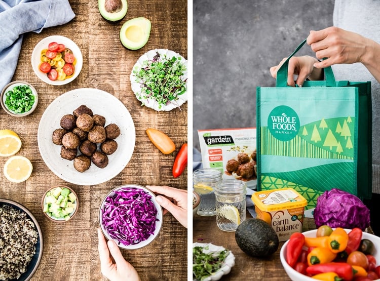 Two images are put together side by side (one showing the ingredients and the other one showing a woman emptying groceries after shopping) for Quinoa Power Bowl