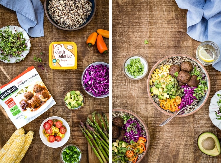 Two images are put together side by side (one showing the ingredients and the other one showing the bowl) for Quinoa Power Bowl