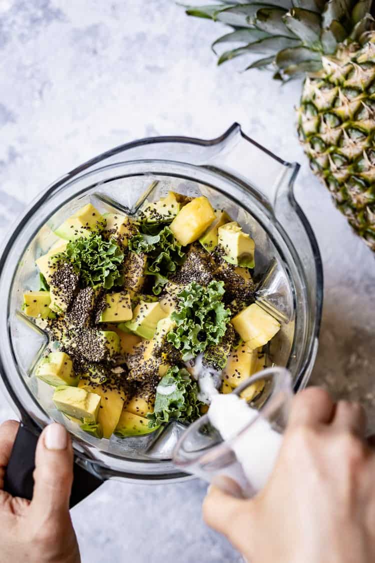 Healthy Kale Smoothie ingredients are in a blender