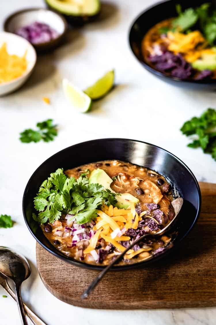 Easy Chicken Chili served in a bowl photographed from the front angle