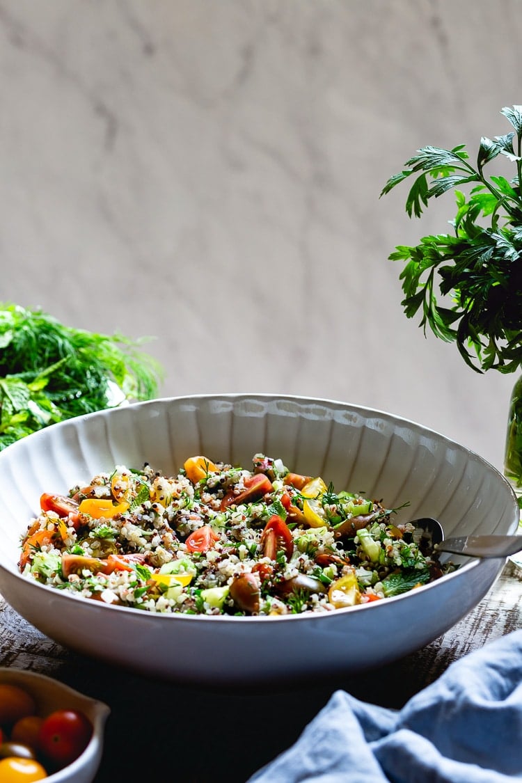 can you make tabbouleh with quinoa - a bowl of salad recipe photographed from the front