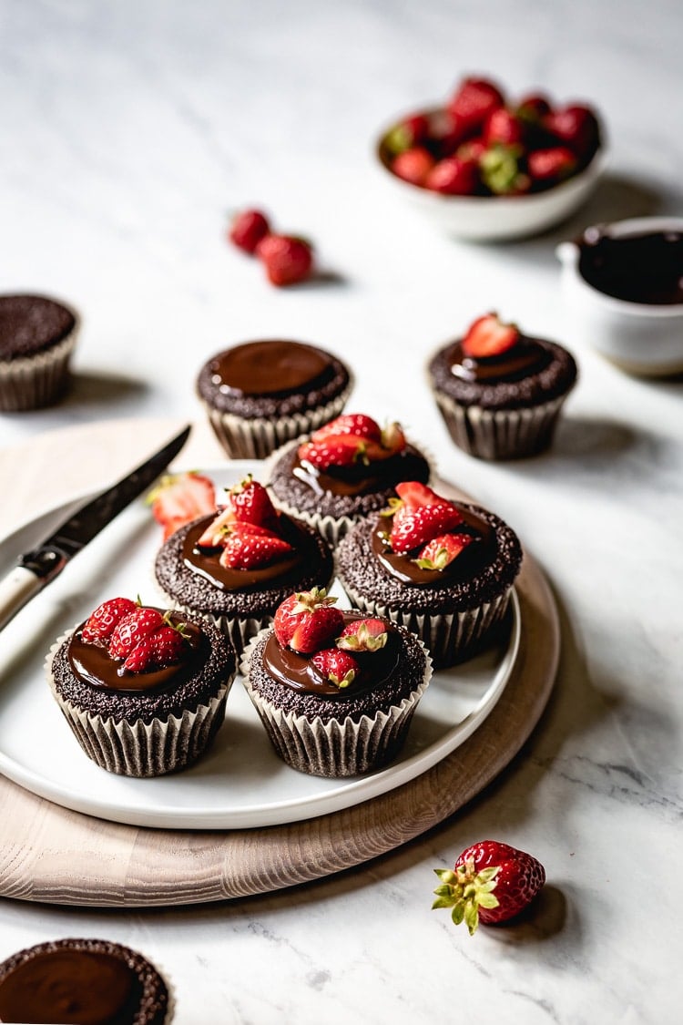 Almond Flour Chocolate Cupcakes topped off with strawberries