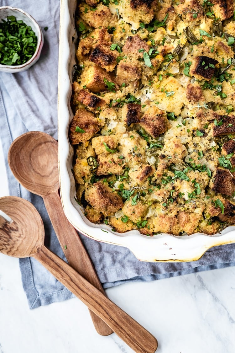 vegetarian cornbread stuffing right out of the oven