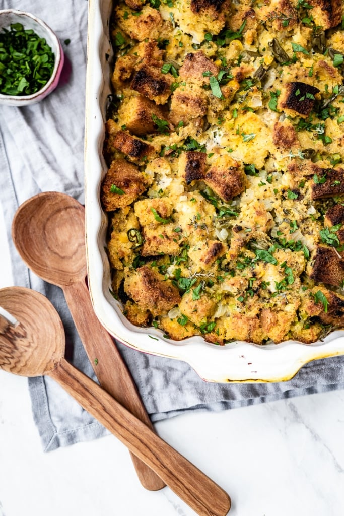 vegetarian cornbread stuffing right out of the oven