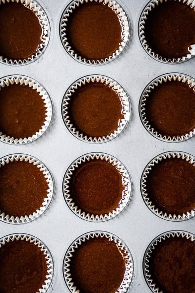 flourless chocolate muffins photographed in the muffin tin