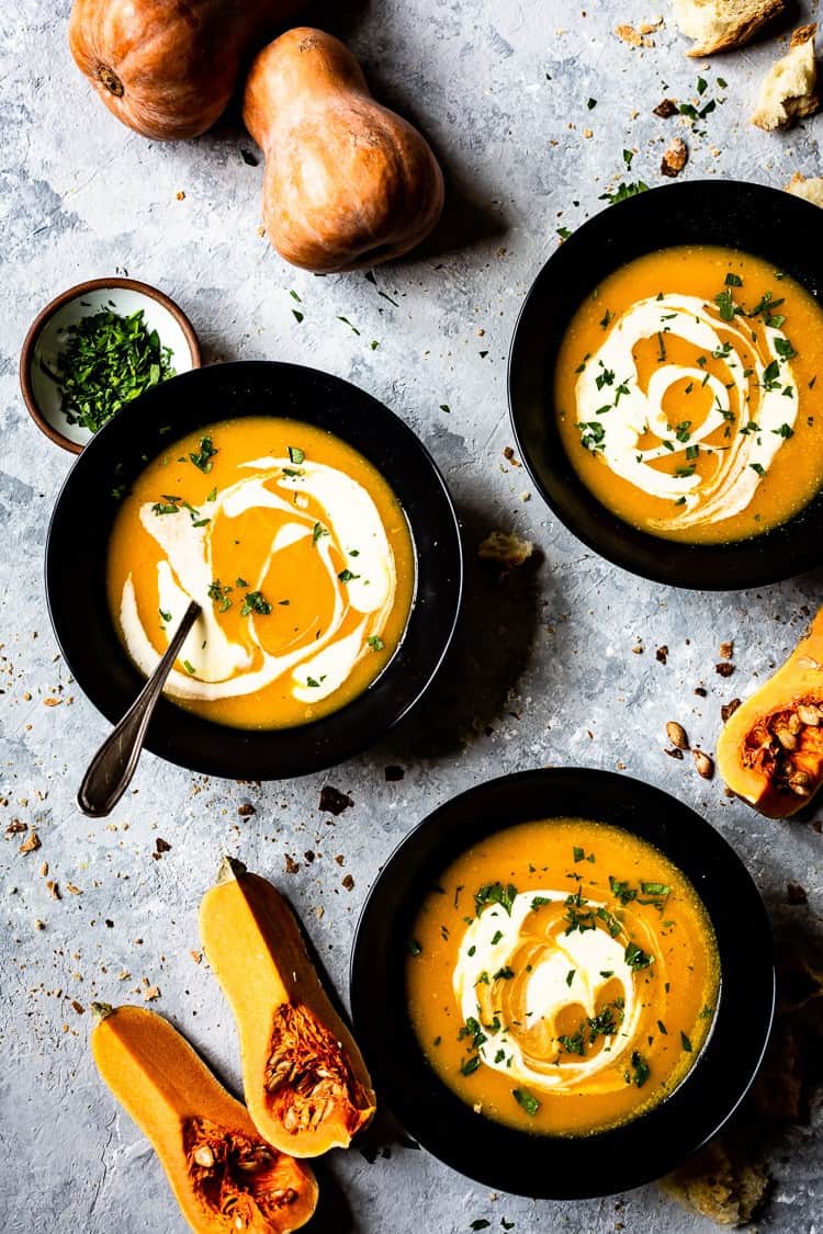 Creamy Butternut Squash Soup served in bowls.