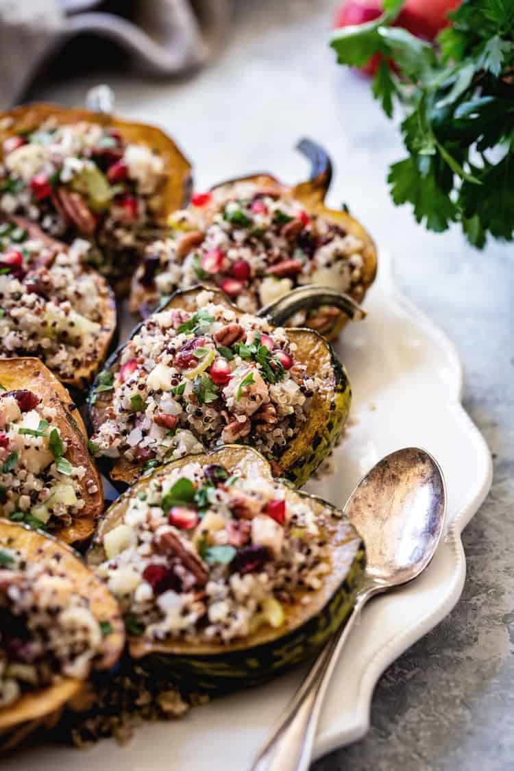 Vegetarian Stuffed Acorn Squash Recipe from front angle