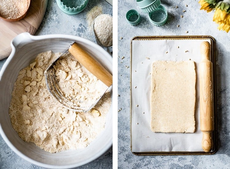 whole wheat pastry flour is mixed with butter and then shaped into a dough