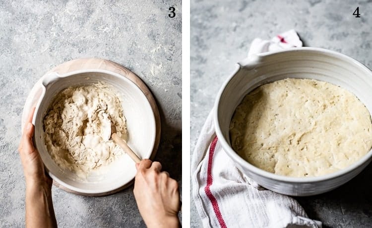 How To Make Crusty Bread - A woman is mixing dough in a bowl and letting it rise