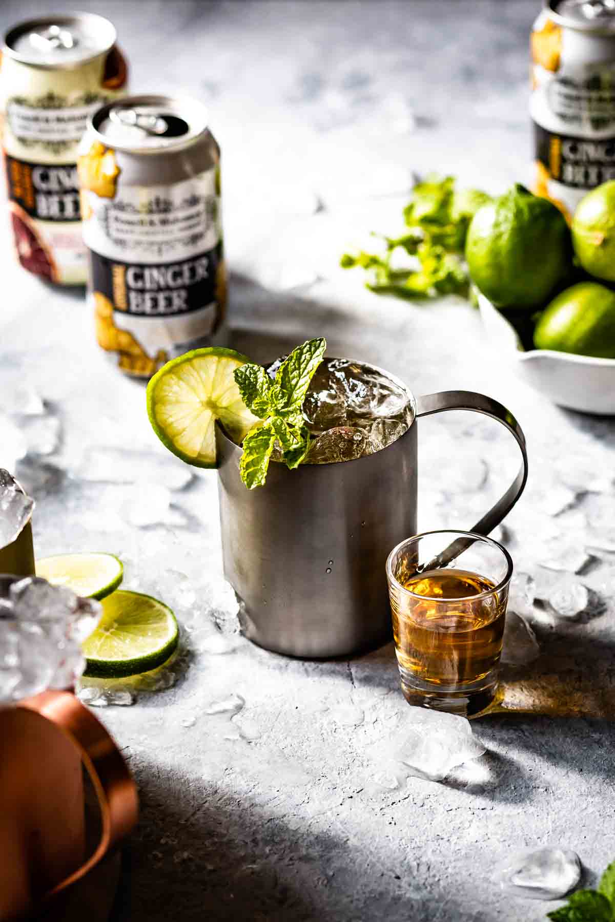 Whiskey Mule recipe photographed from the front view with ginger beer.