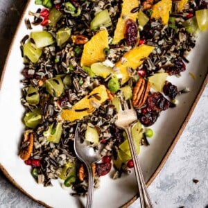 Wild rice salad served in an oval plate with a spoon and for on the side.