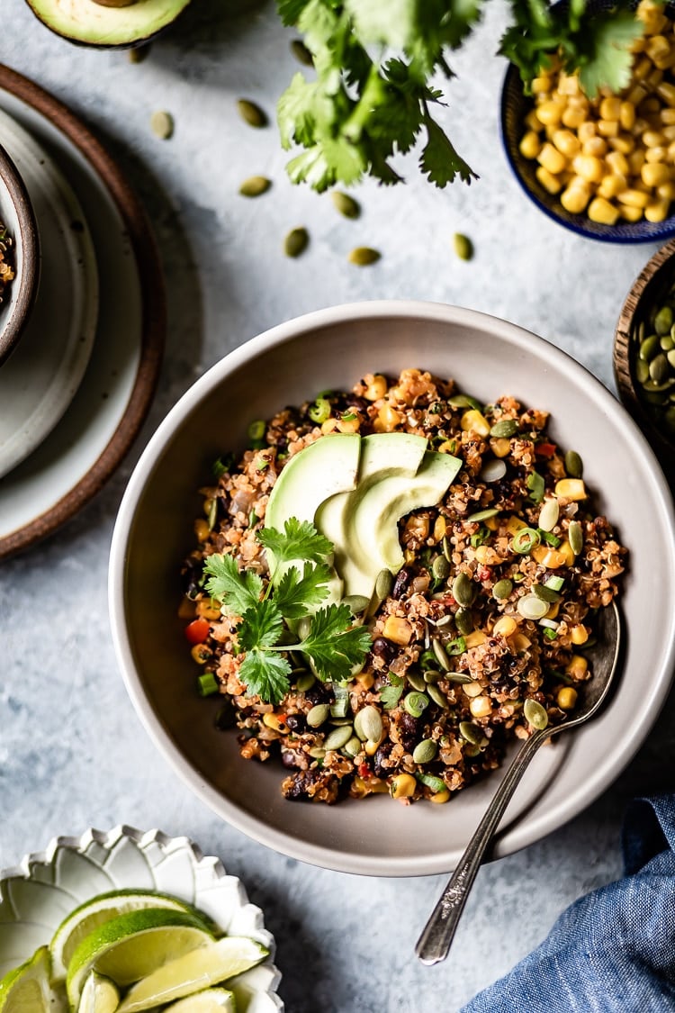 Mexican Quinoa Recipe served in a bowl photographed from the top view
