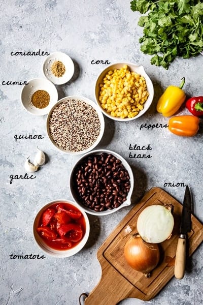Ingredients: Corn, peppers, spices, black beans, peppers, and onion are photographed from the top view