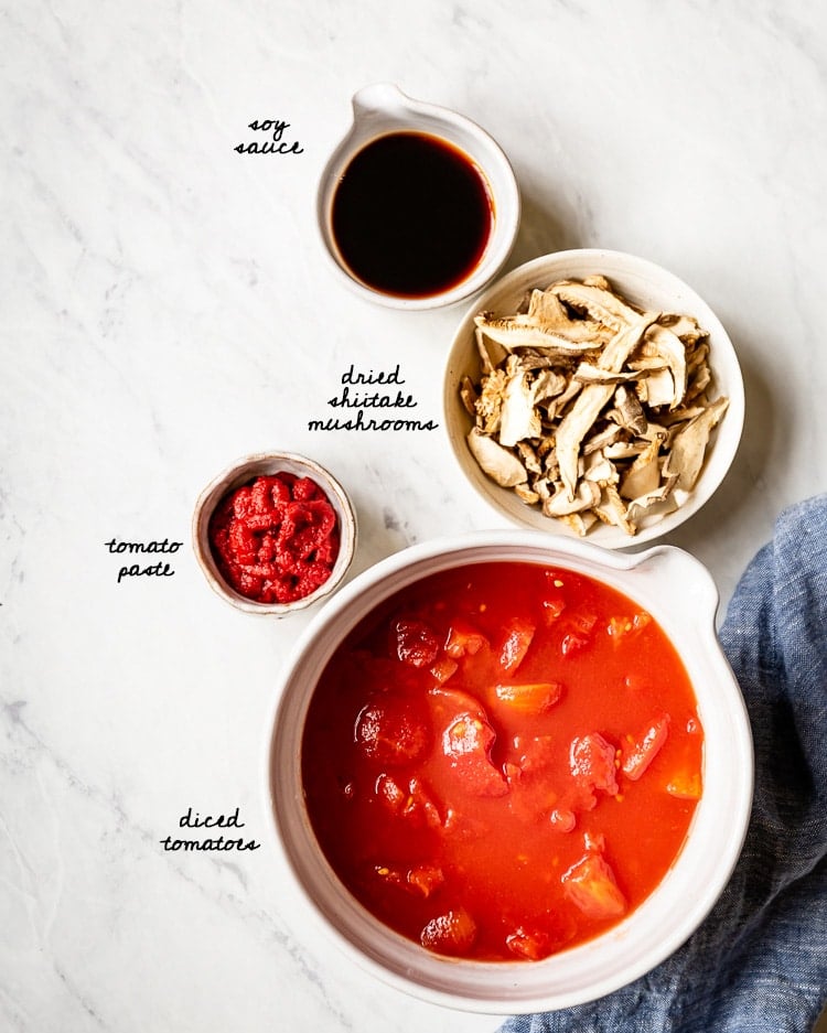 ingredients- soy sauce, shiitake mushrooms, tomato paste, diced tomatoes