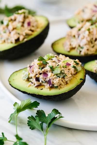 Tuna Stuffed Avocados for healthy appetizers for football games recipe round up
