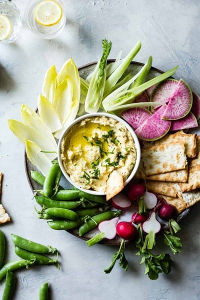 Lemon Artichoke Hummus as a part of healthy football party snacks round up
