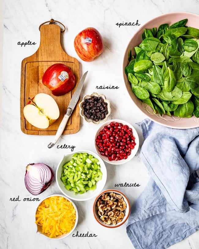 Apple Salad Recipe Healthy - Ingredients laid out photographed from the top