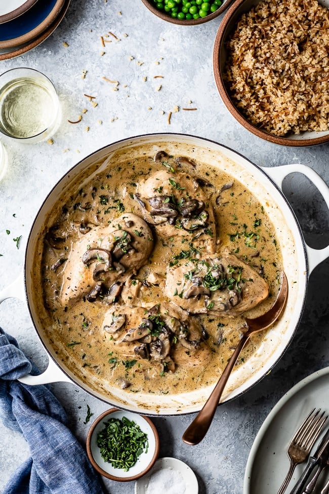 A big pot of chicken mushroom fricassee is photographed from the top