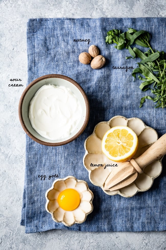 Ingredients for the sauce are photographed from the top view.