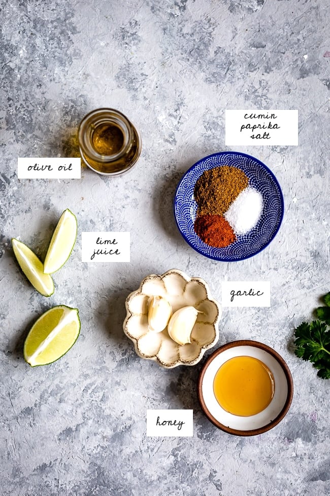 Salad dressing ingredients photographed from the top view