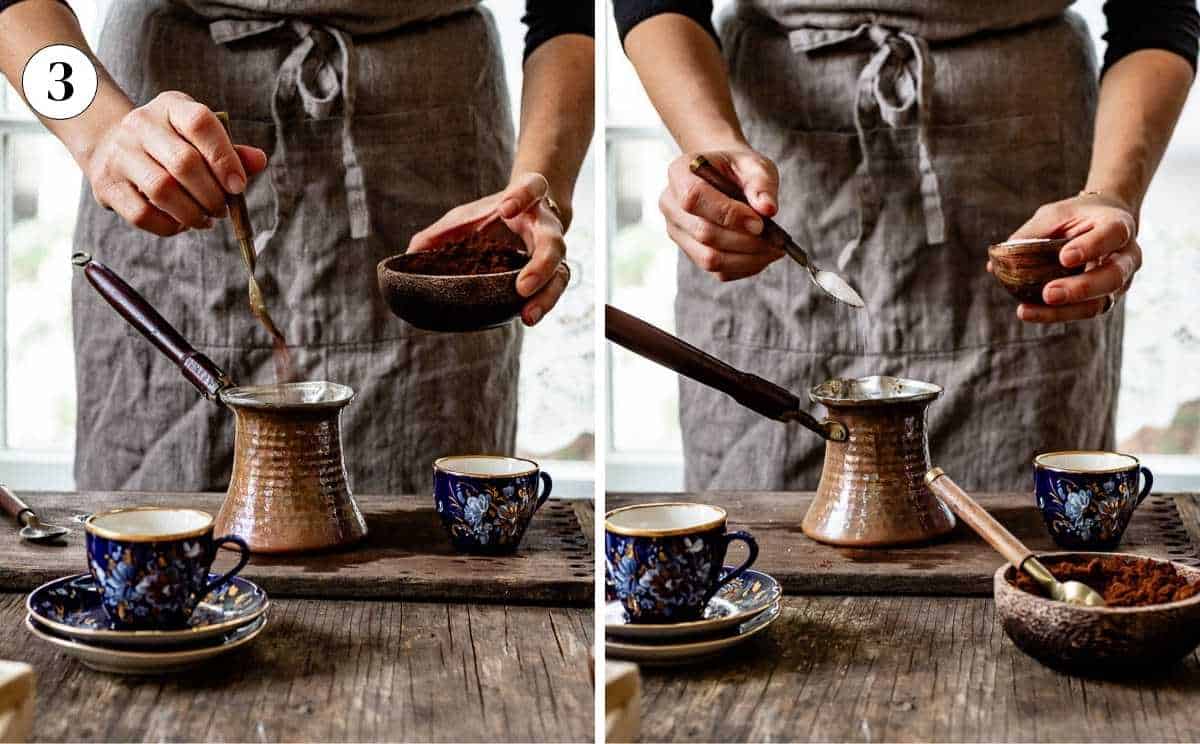 Adding finely ground Turkish coffee and sugar to a copper cezve.