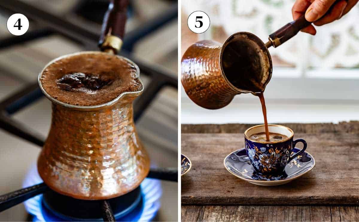 Turkish coffee boiling in a copper cezve on a gas stove then being poured into a blue Turkish coffee cup.
