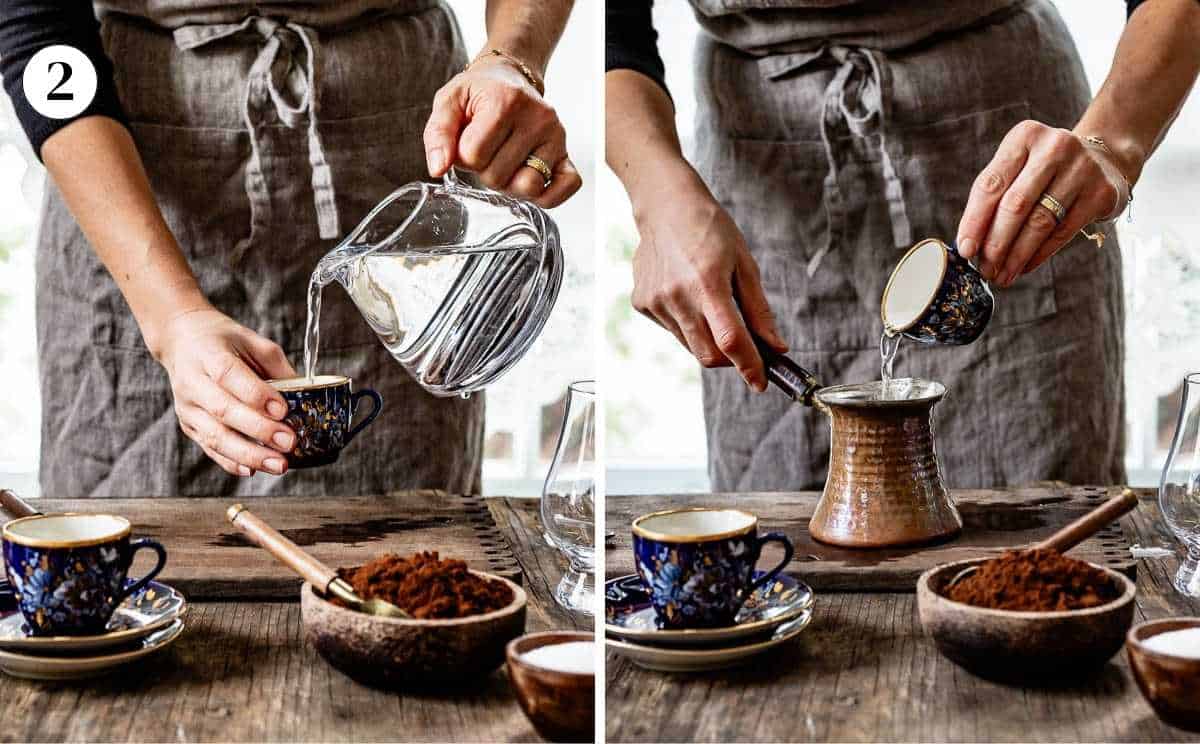 Measuring water using a Turkish coffee cup then pouring it into a copper cezve.