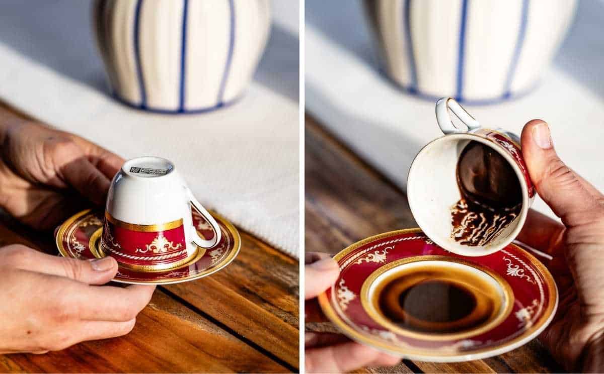 Two steps of Turkish coffee fortune telling: cup turned upside down on saucer then tilted to reveal coffee grounds.