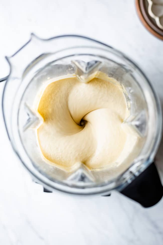 The BEST Almond Flour Pancake Recipe photographed in the blender when it is blending from the top view