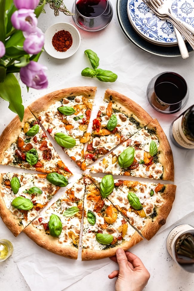 Caprese pizza sliced - photographed from the top view