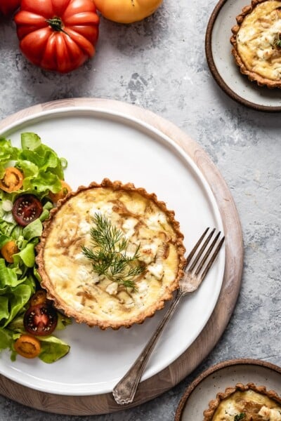 Buttery crust filled with sweet caramelized onions, earthy goat cheese, and fresh thyme baked to perfection. This Goat Cheese Quiche with Caramelized Onions is a great breakfast or brunch dish that is guaranteed to please.