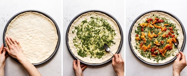 Step by step photos of how to make caprese pizza at home