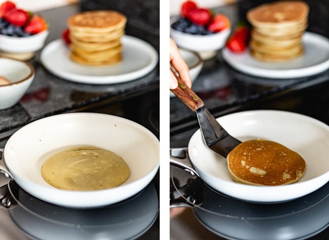 Keto Pancakes with almond flour photographed as they are cooking on the stove top