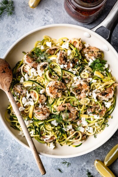 Skinny Shrimp Scampi with Zucchini Noodles photographed in a large pan from the top view.