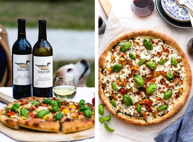 Caprese Pizza recipe photographed with wine.