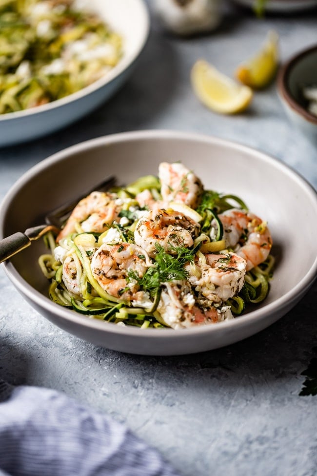 Shrimp scampi recipe without wine photographed in a bowl from the front view.