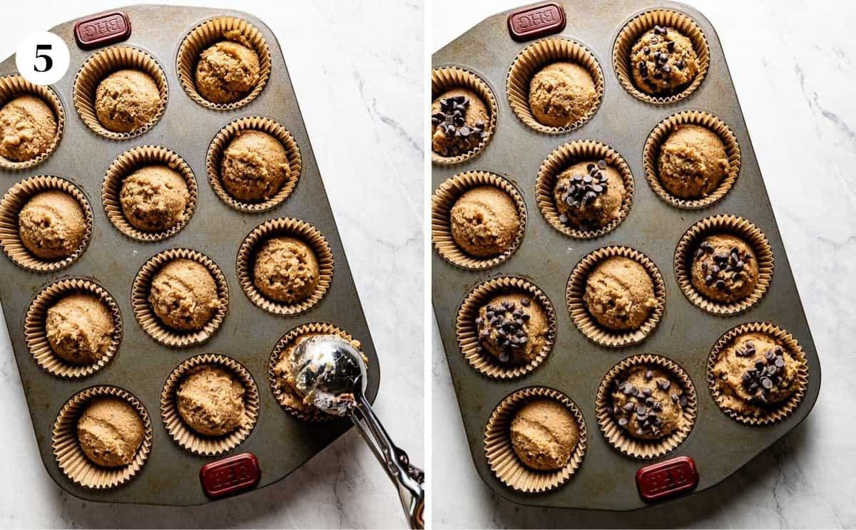 Almond banana muffin batter in a muffin tin.